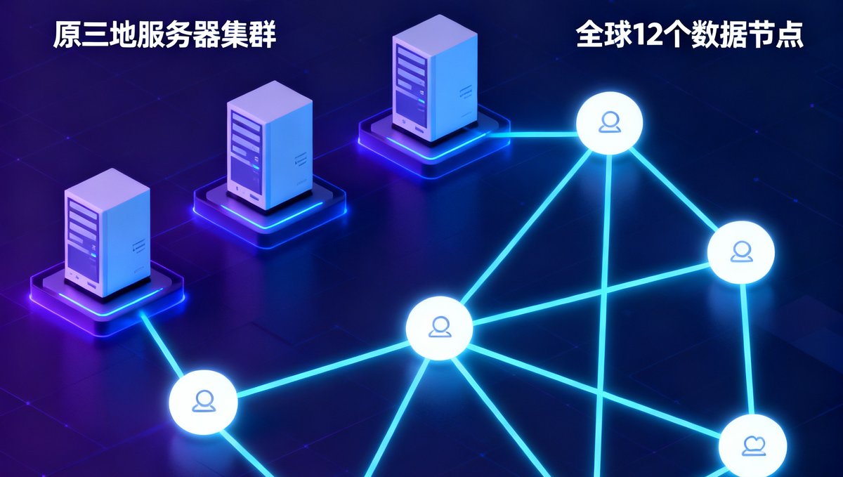 技术架构升级示意图，展示从三地服务器集群扩展到全球12个数据节点的网络拓扑图，节点之间用发光线条连接表示数据同步。