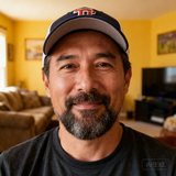 一位40岁左右的中年男性球迷头像，留着短络腮胡，戴棒球帽，表情温和，背景是家庭客厅环境。